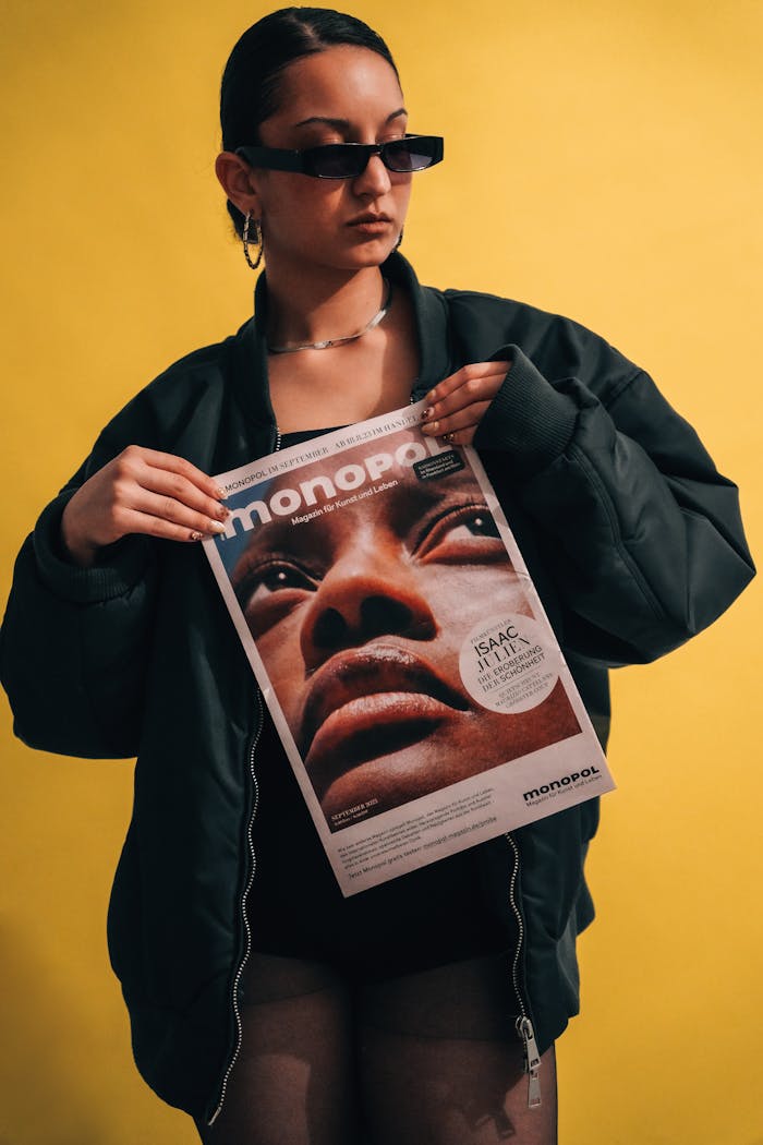 Crafting Captivating Headlines: Your awesome post title goes here Trendy woman holding fashion magazine with bold cover in studio.